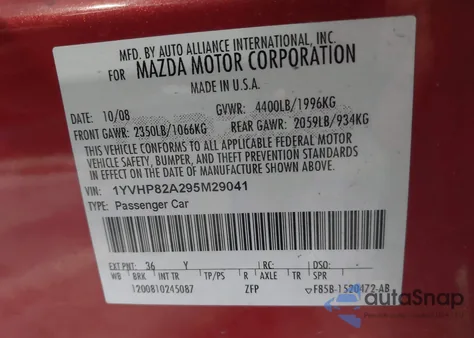 2009 Mazda Mazda6 I Touring из США, поврежденный, VIN 1YVHP82A295M29041